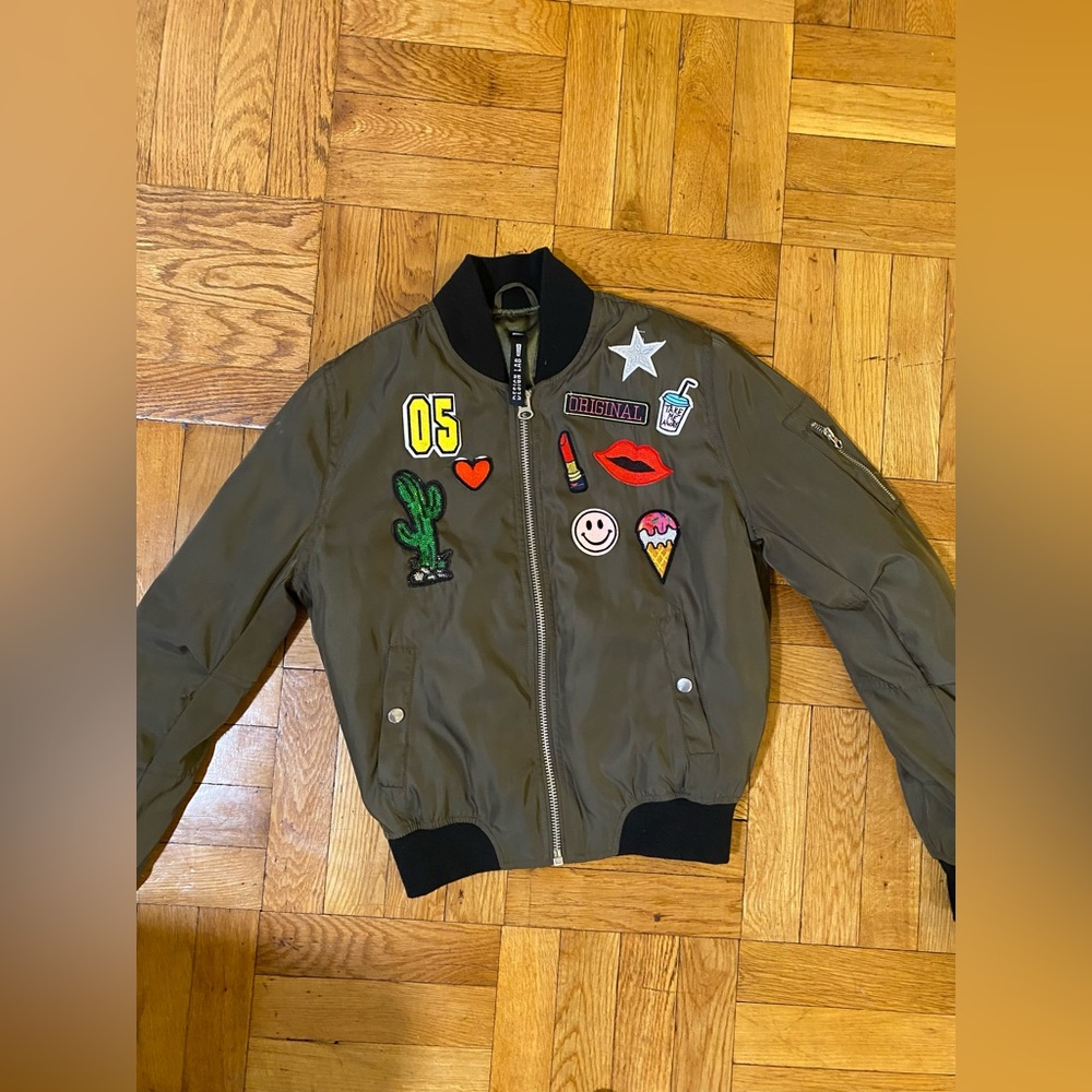 Design Lab olive green bomber jacket with patches
